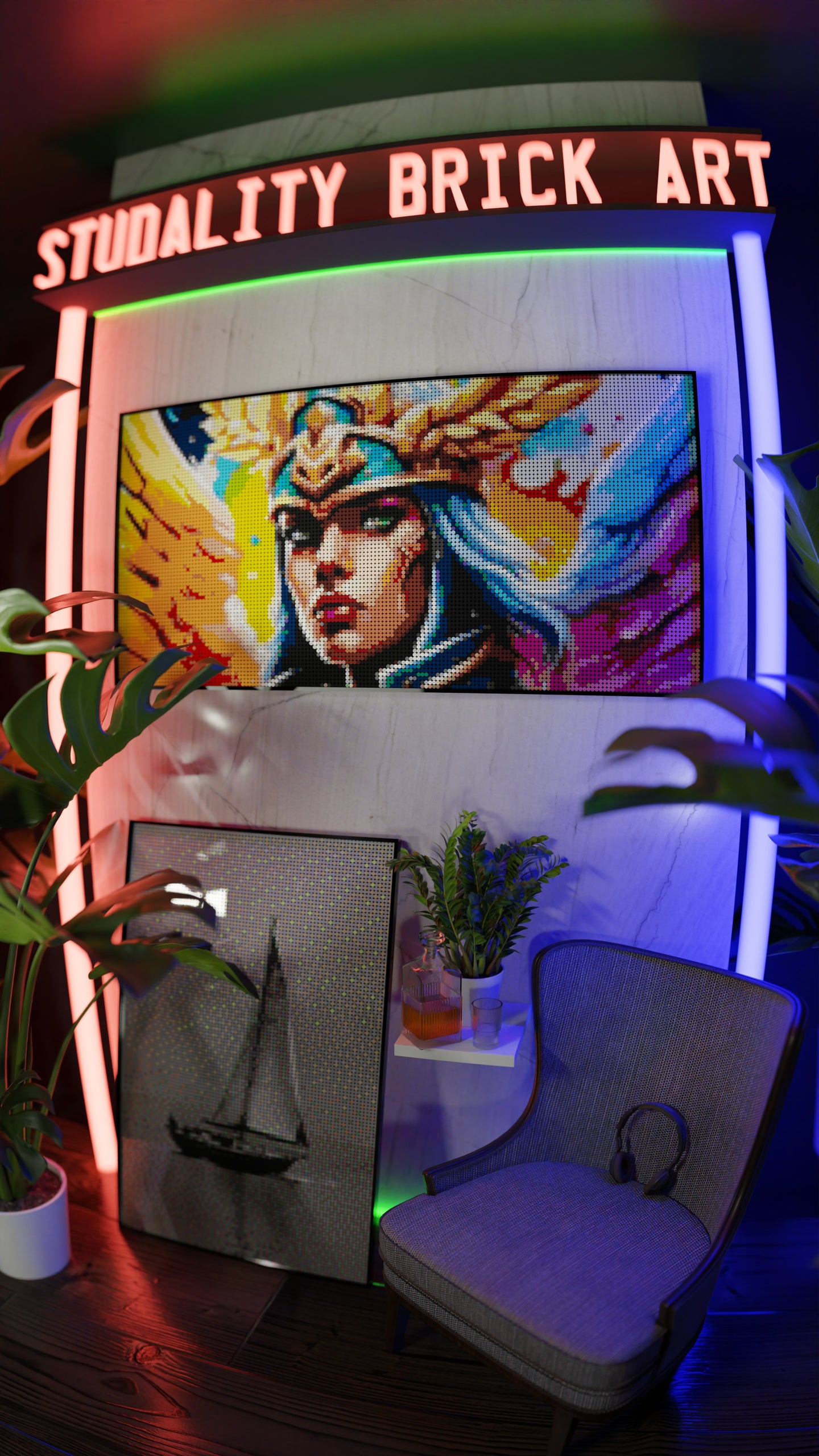 Valkyrie Vibrance LEGO® Style mosaic wall art made from colorful plastic bricks